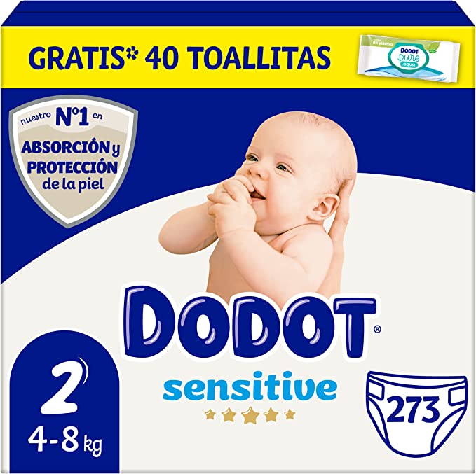 chollo Dodot Pañales Bebé Sensitive Talla 2 (4-8 kg), 273 Pañales + 1 Pack de 40 Toallitas Gratis