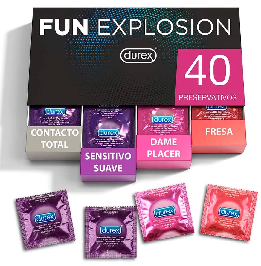 chollo Durex - Fun Explosion, Pack Preservativos Sabor Fresa, Dame Placer, Sensitivo Suave y Contacto Total, 40 Condones, 52 y 56 mm