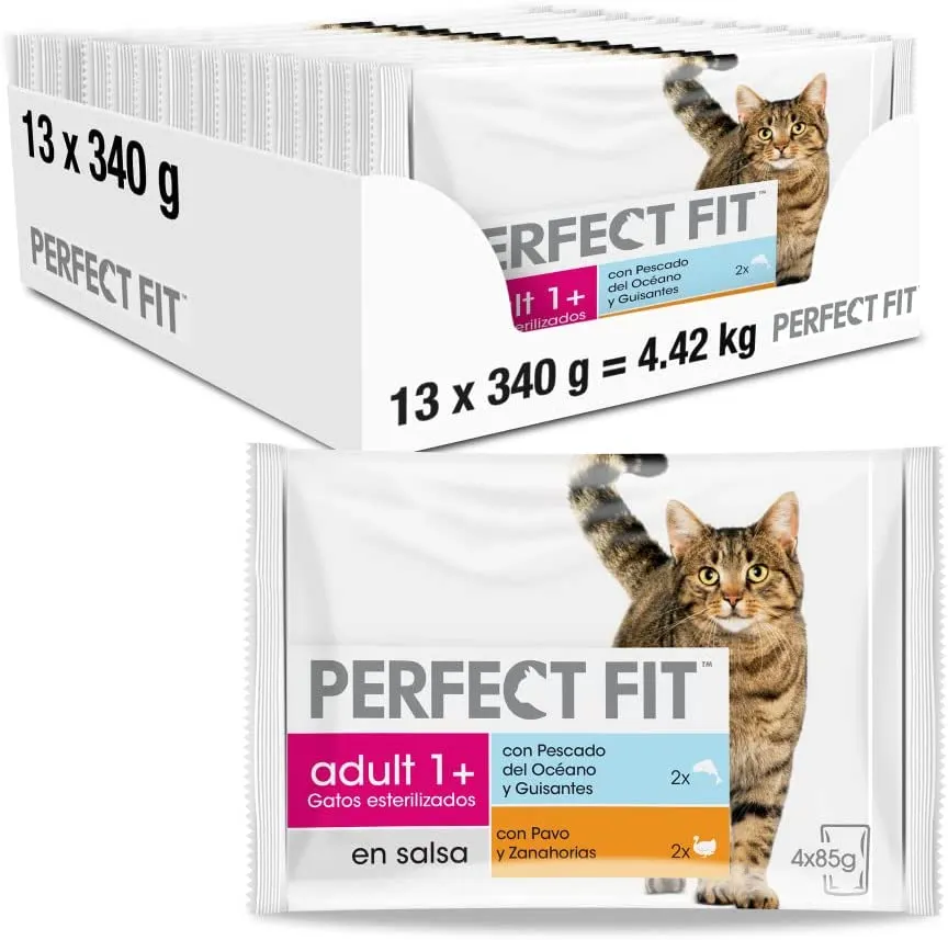 chollo PERFECT FIT Comida Húmed para Gatos Adultos Sabor Pescado y Pavo (13 paquetes x 4 sobres x 85 g)