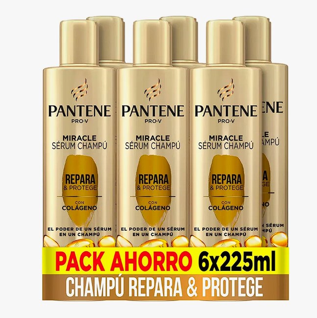 chollo Pack 6 de Pantene Pro-V Champú Miracle Serum Repara & Protege con colágeno, la eficacia de un sérum en un champú, para cabello débil y dañado, Pack 6 x 225ml