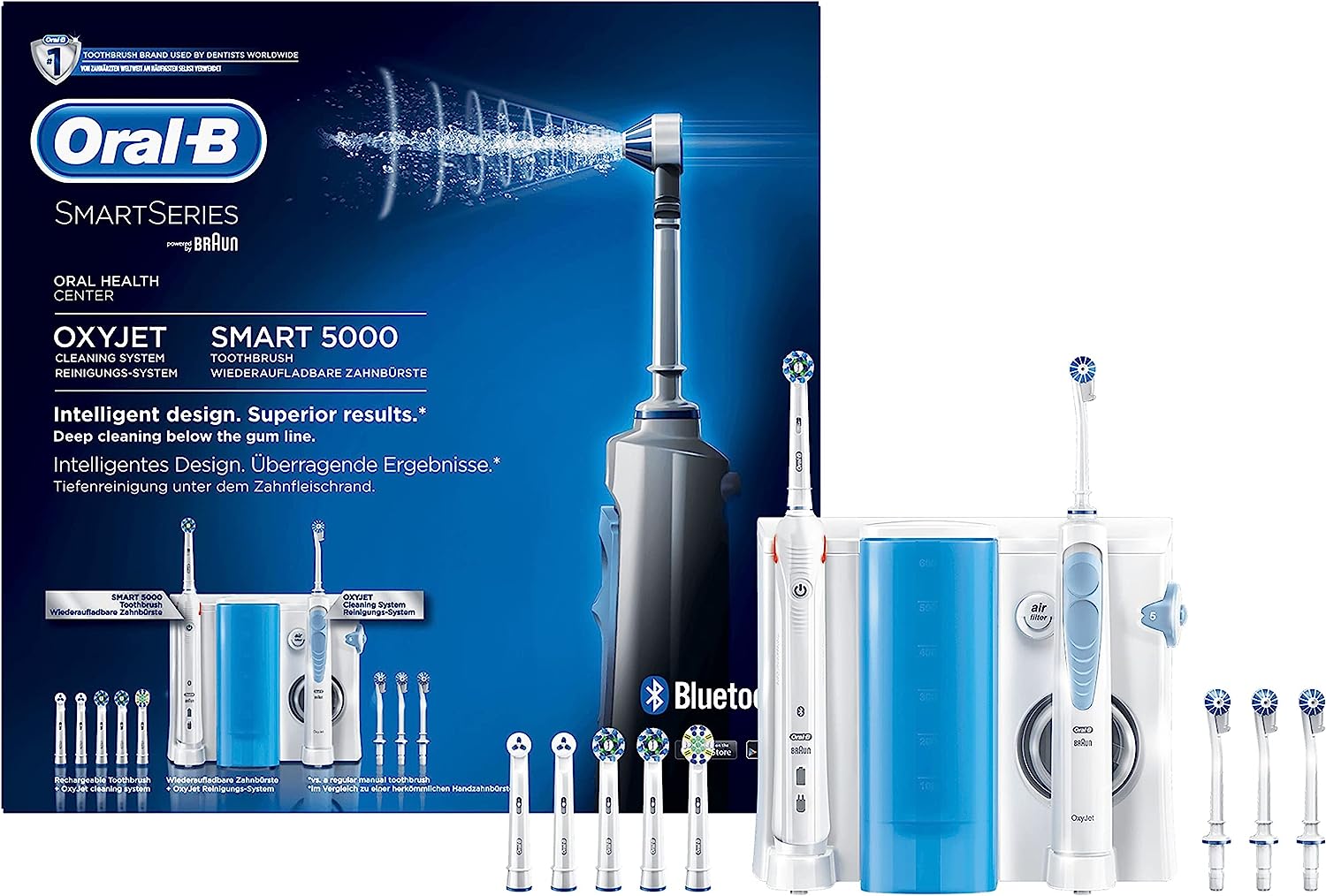 chollo Oral-B Smart 5 Estación Cuidado Bucal con Cepillo de Dientes Eléctrico y Irrigador Dental con Tecnología Oxyjet de Braun, 4 Cabezales, 6 Recambios, Conexión Bluetooth - Azul/Blanco