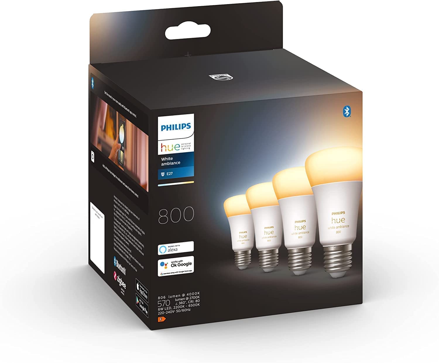 chollo Pack de 4 Bombillas LED Inteligentes PHILIPS HUE - A60 E27, Luz Blanca de Cálida a Fría