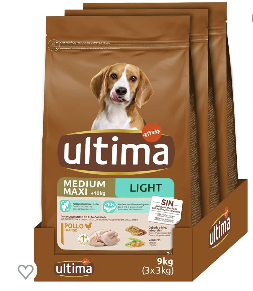 chollo Ultima Medium-Maxi Light In Fat Pollo, Comida seca para perros, Pack de 3 x 3kg, Total 9kg