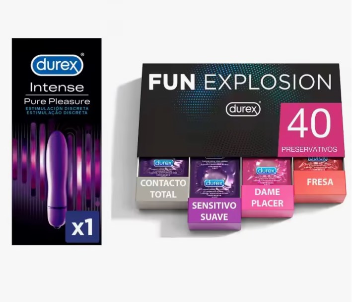 chollo Durex - Lote Fun Explosion, Pack 40 Preservativos + Vibrador Mini Intense Orgasmic Pure Pleasure, Dildo Consolador Clítoris Mujer