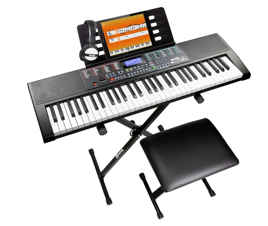 chollo RockJam Kit de piano de teclado de llave de Rockjam 61 con soporte de teclado, banco, auriculares, nota Pegatinas y lecciones, Color Negro