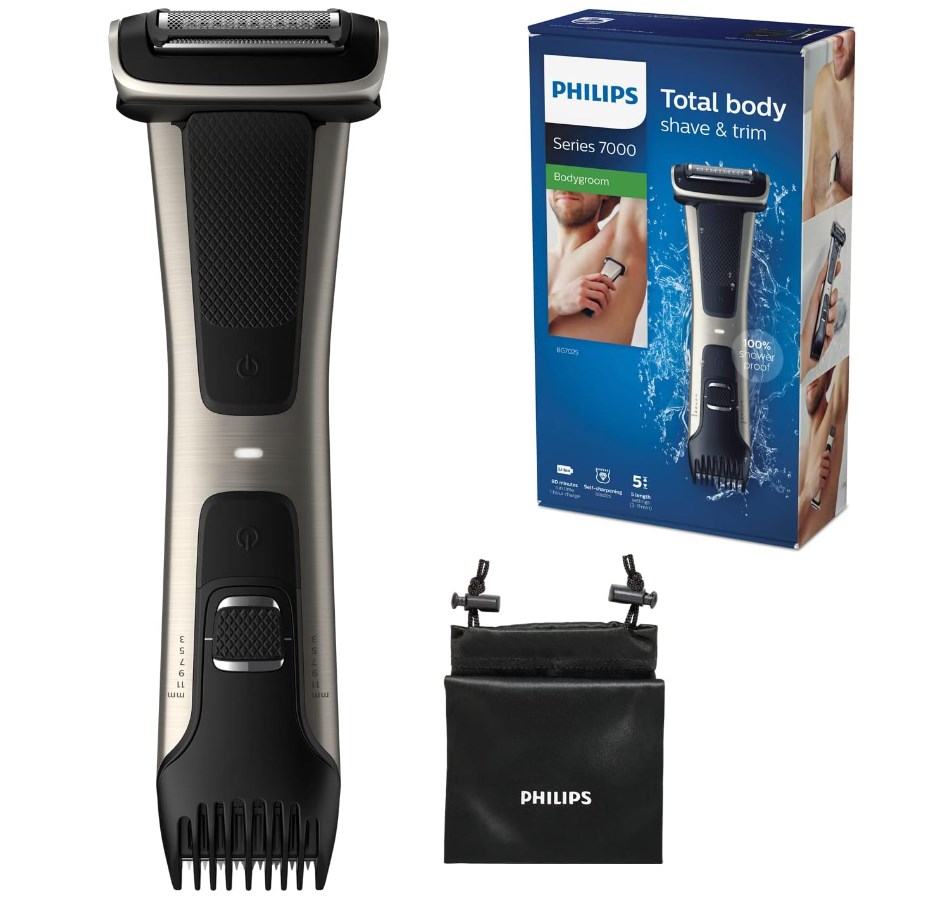 chollo Philips Serie 7000 BG7025/15 - Afeitadora corporal con cabezal de recorte y de afeitado, 80 minutos de uso, apta para la ducha, color negro
