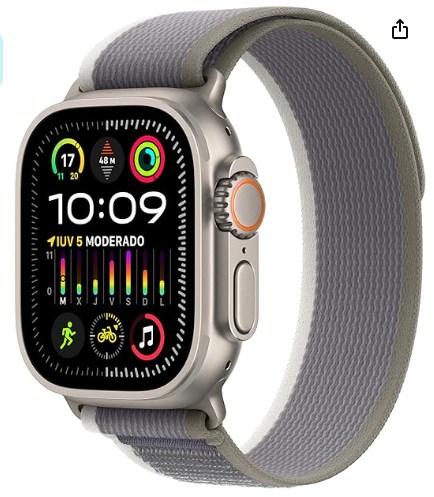 chollo Apple Watch Ultra 2 [GPS + Cellular] Smartwatch con Caja de Titanio Resistente de 49 mm y Correa Loop Trail Verde/Gris - Talla S/M. Monitor de entreno, GPS de Alta precisión, Neutro en Carbono